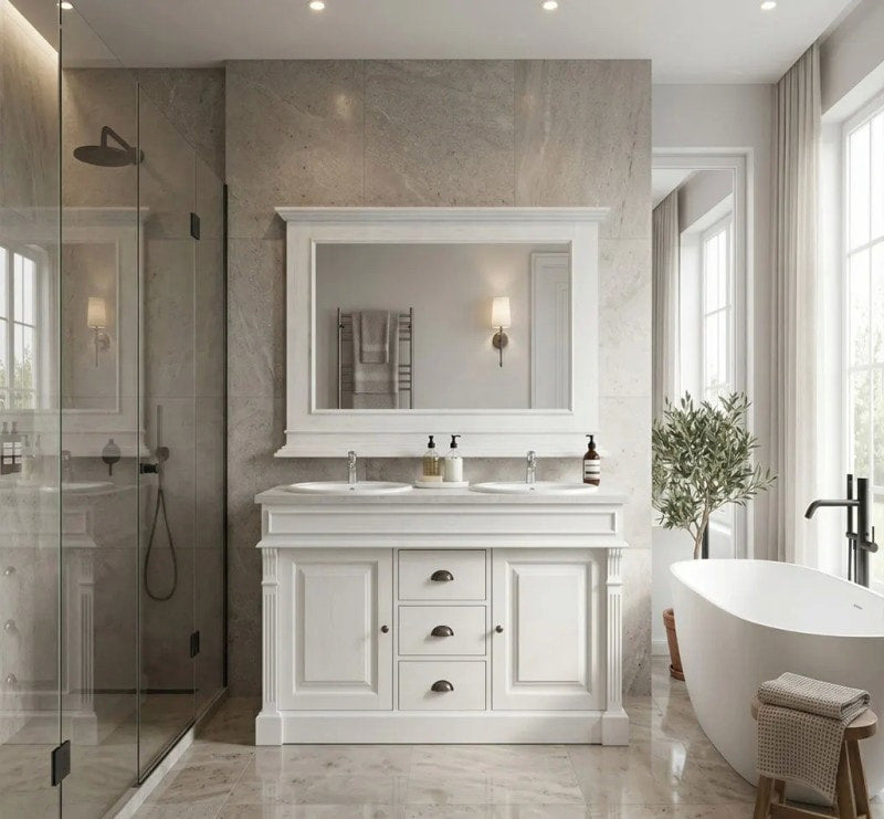 Meuble de salle de bain en bois massif de pin blanc style classique avec double vasque dans une salle de bain lumineuse.