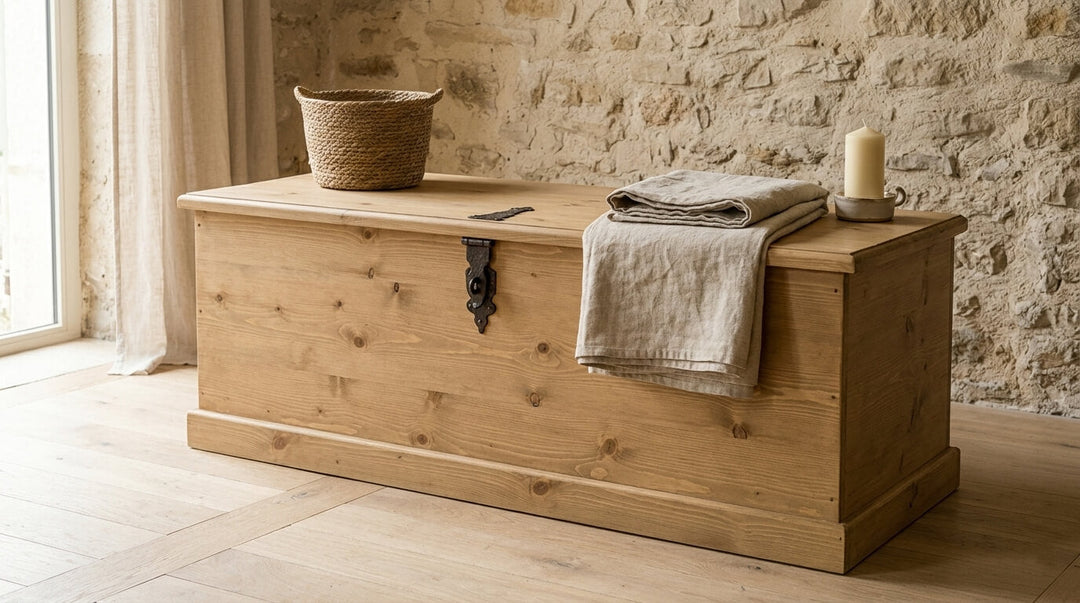 Coffre banc en pin massif naturel dans une chambre campagnarde aux murs en pierre