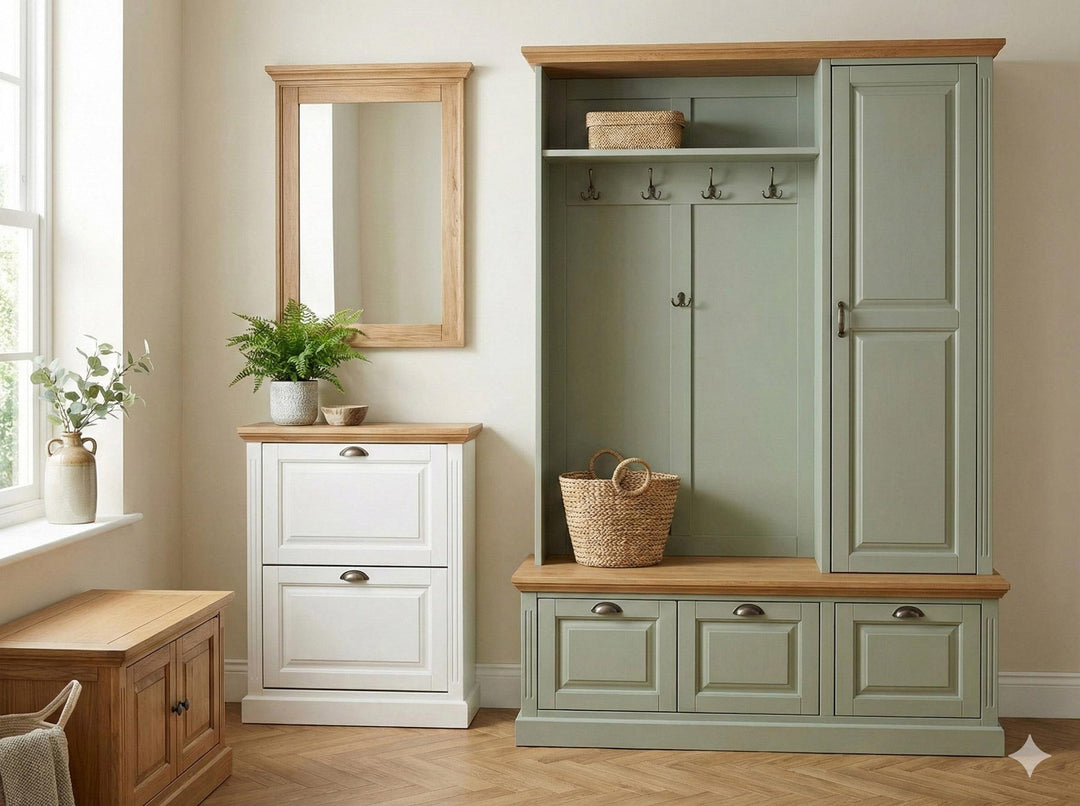 Meuble d’entrée en bois massif avec patères, banc de rangement et miroir, finition naturelle Kernwood