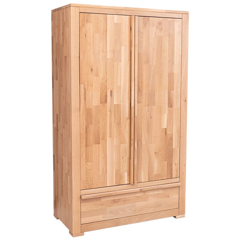 Armoire en chêne massif avec deux portes et un tiroir bas, vue de face