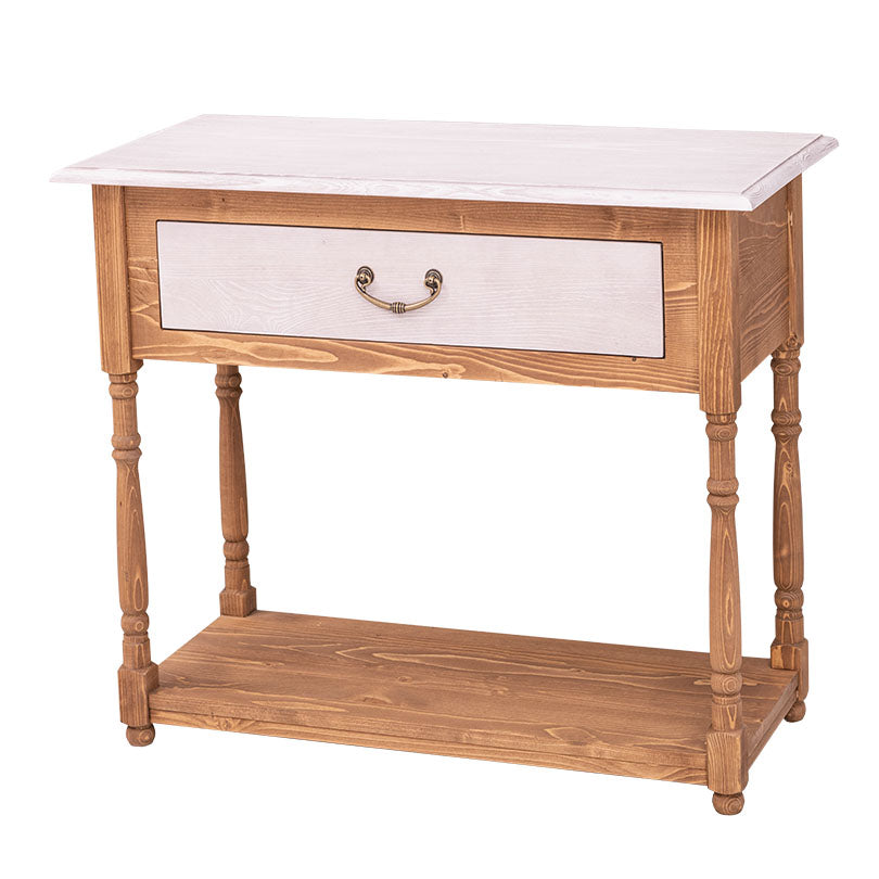 Console en pin massif avec un tiroir, finition bicolore et étagère basse.