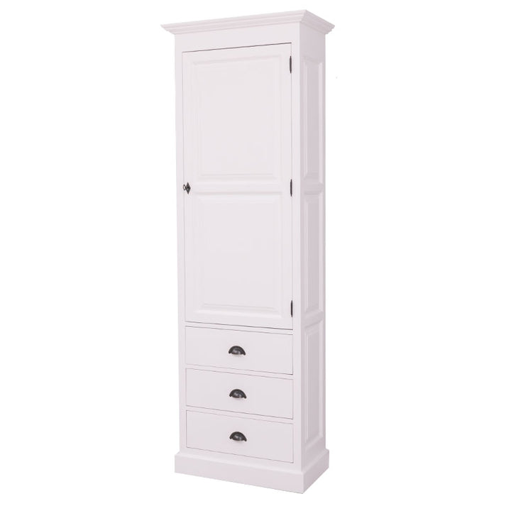 Armoire en pin massif avec une porte et trois tiroirs, finition Blanc Pur, vue de face.
