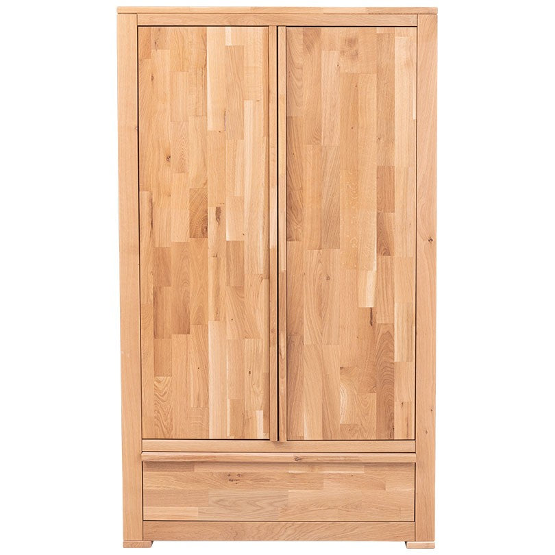 Armoire en chêne massif à deux portes et tiroir inférieur, vue frontale