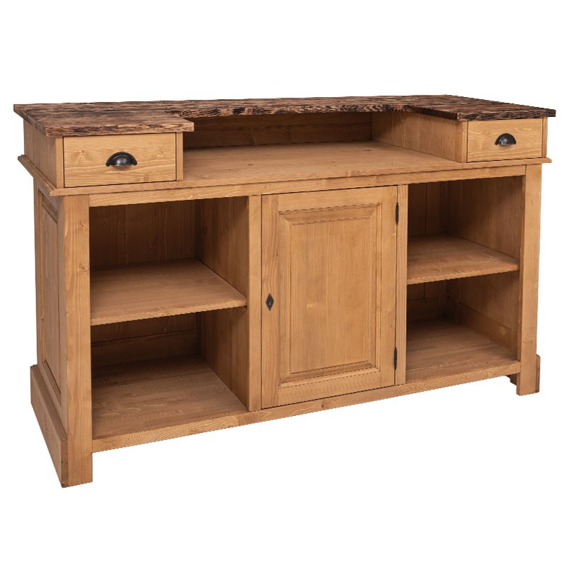 Bar en pin massif GS1001 avec plateau en pin massif et finition cirée miel clair, rangements ouverts