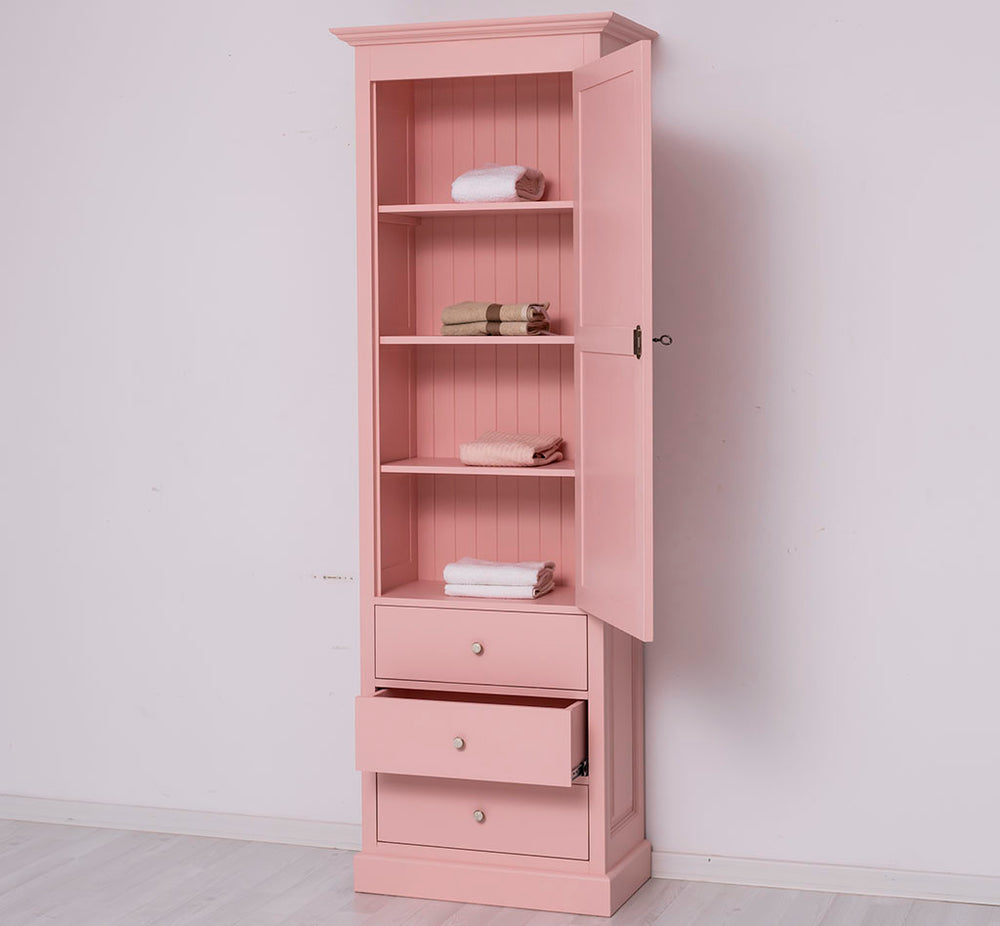 Armoire en pin massif finition Rose Pâle, porte ouverte et tiroir ouvert montrant les rangements.