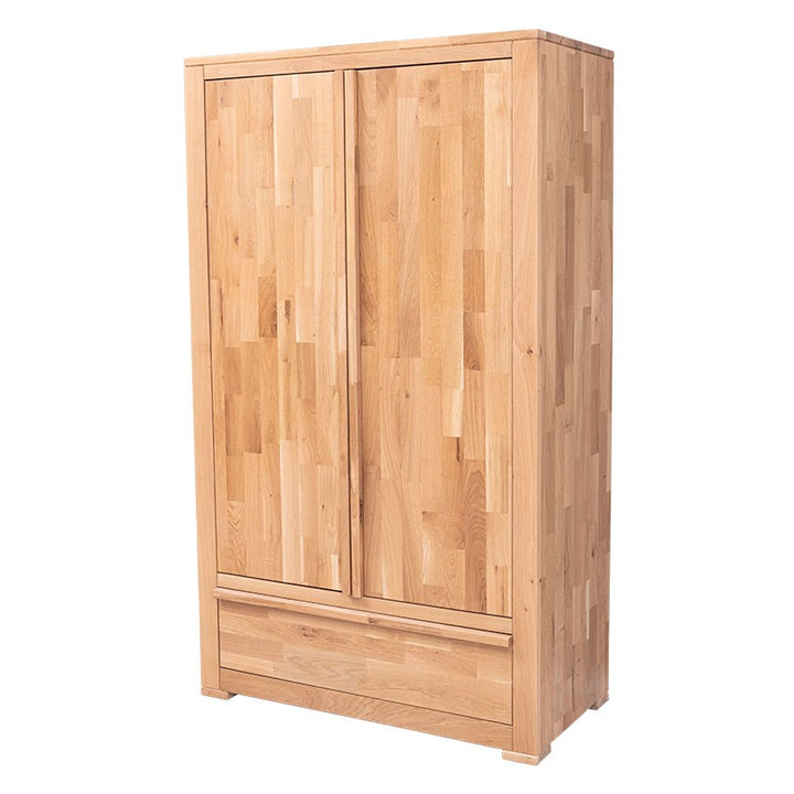 Armoire en chêne massif avec deux portes et un tiroir, vue de trois quarts