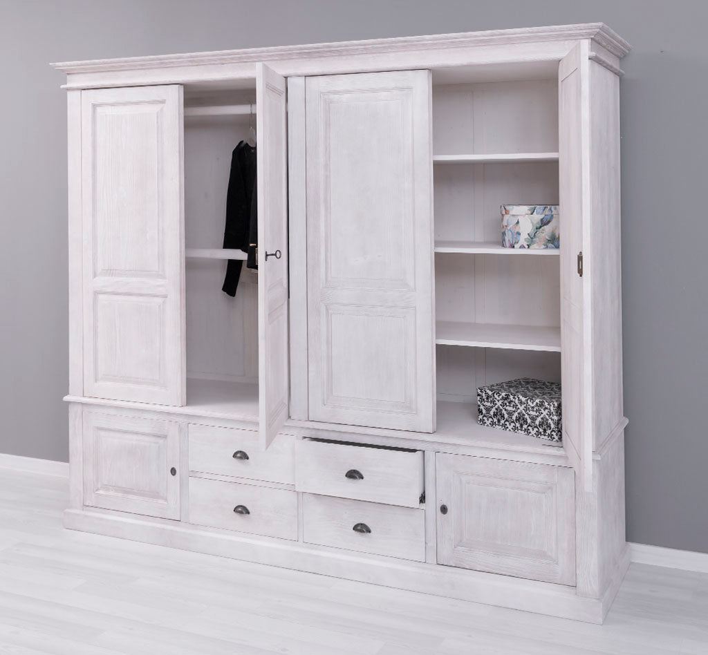 Armoire en pin massif – intérieur avec penderie, étagères et tiroirs