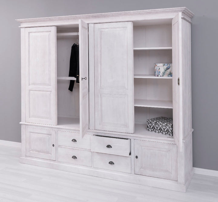 Armoire en pin massif – intérieur avec penderie, étagères et tiroirs