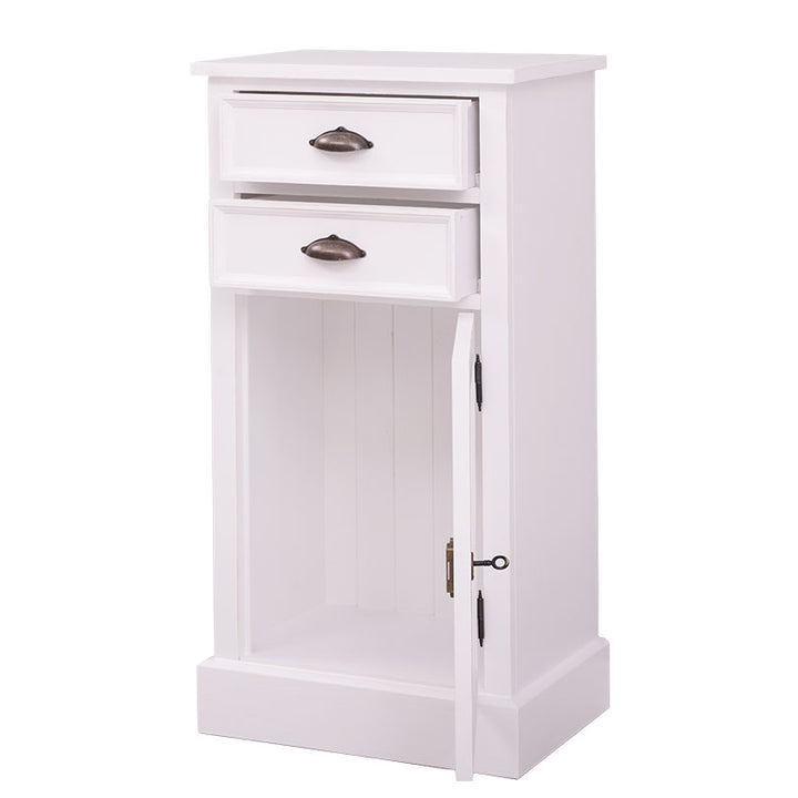 Table de chevet haute en pin massif, finition Blanc Pur P004, porte ouverte sur le rangement inférieur