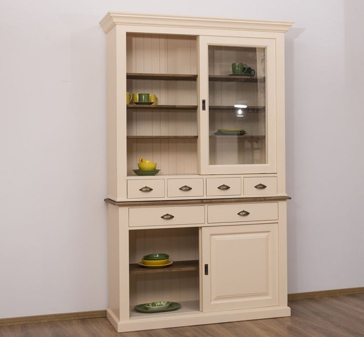 Vaisselier en pin massif GS171 et GS172 avec porte basse coulissante ouverte