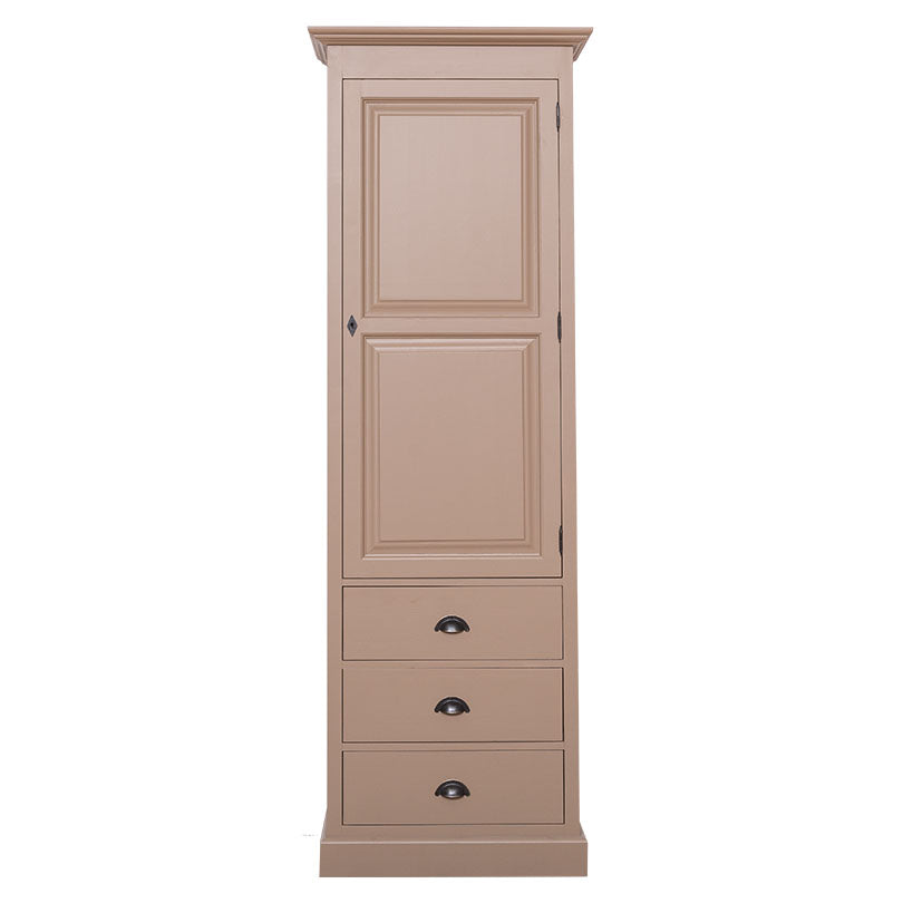 Armoire en pin massif avec une porte et trois tiroirs, finition Gris Perle, vue de face.