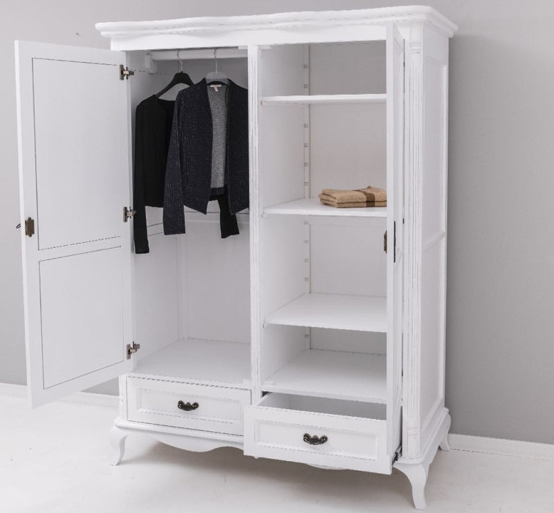 Armoire en pin massif GS730 ouverte montrant la penderie, les étagères et les deux tiroirs
