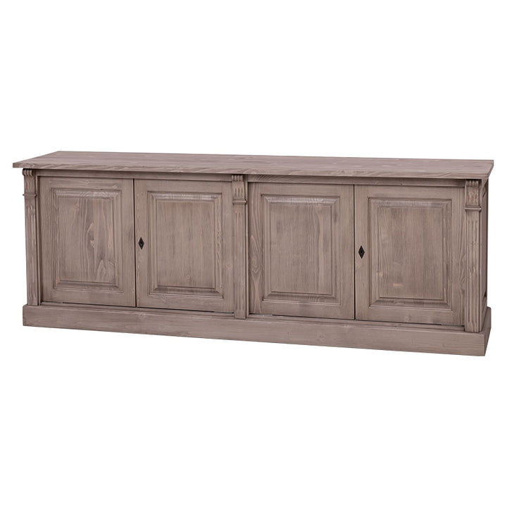 Buffet bas en pin massif 4 portes, exemple de finition ciree
