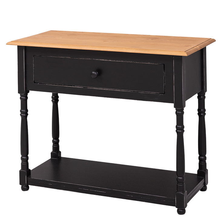 Console en pin massif avec un tiroir, plateau bois et finition sombre.
