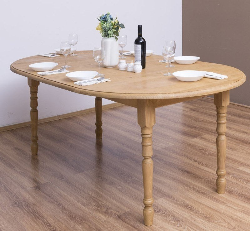 Table extensible en pin massif avec plateau en pin, vue latérale avec rallonges installées
