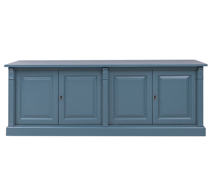 Buffet bas en pin massif 4 portes, exemple de finition bleue
