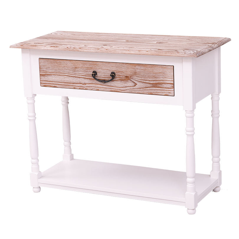 Console en pin massif avec un tiroir, finition claire et étagère basse.
