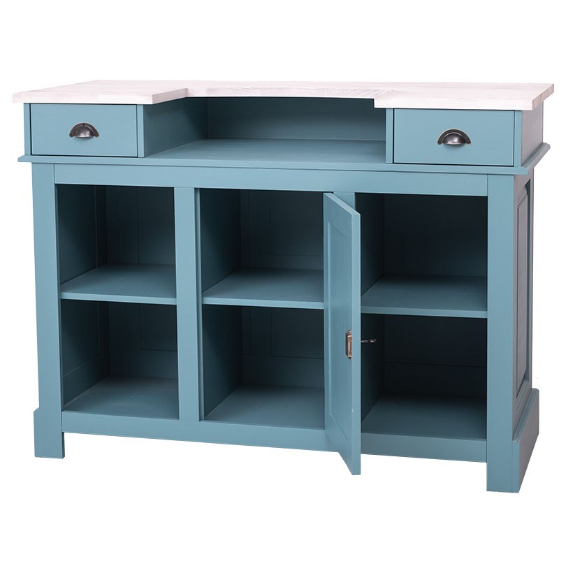 Bar en pin massif GS1001 avec plateau en pin massif et finition bleu pâle, rangements ouverts