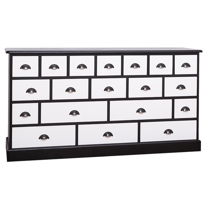 Meuble de mercerie en pin massif en Double Color Noir Foncé et Blanc Pur, vue de face