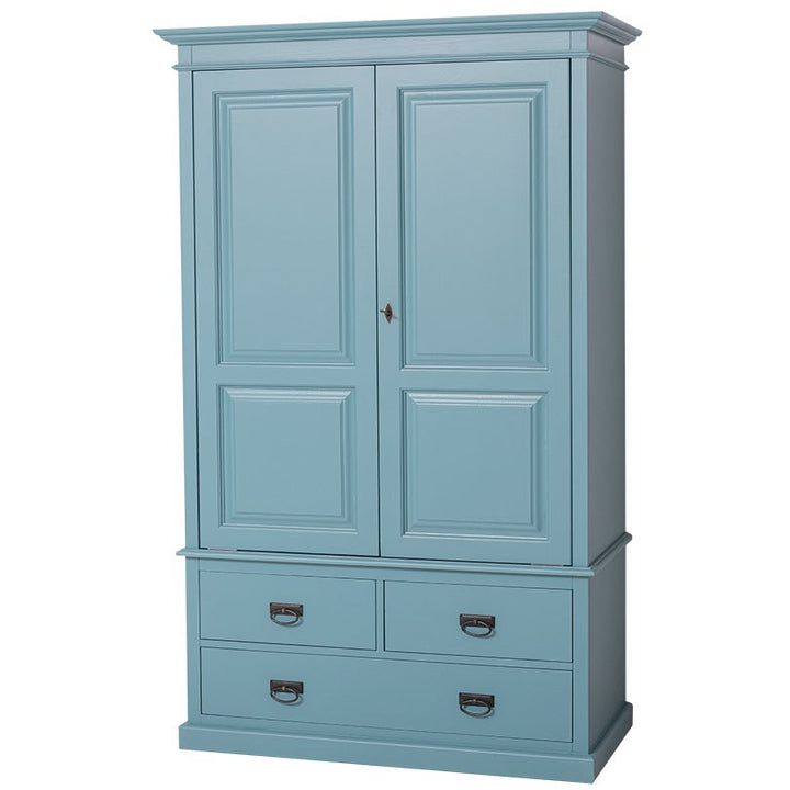 Armoire en pin massif GS127 en Double Color Bleu Pâle P008 et Jaune Soleil P044, vue de trois quarts.
