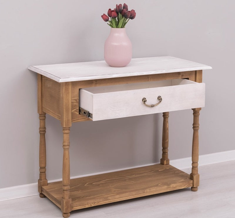 Console en pin massif avec tiroir ouvert et étagère basse.