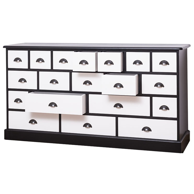 Meuble de mercerie en pin massif en Double Color Noir Foncé et Blanc Pur, avec plusieurs tiroirs ouverts