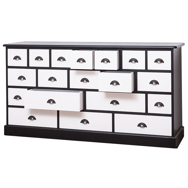Meuble de mercerie en pin massif en Double Color Noir Foncé et Blanc Pur, avec plusieurs tiroirs ouverts