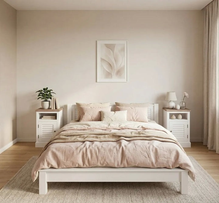Lit GS614 en pin massif présenté dans une ambiance de chambre avec chevets assortis