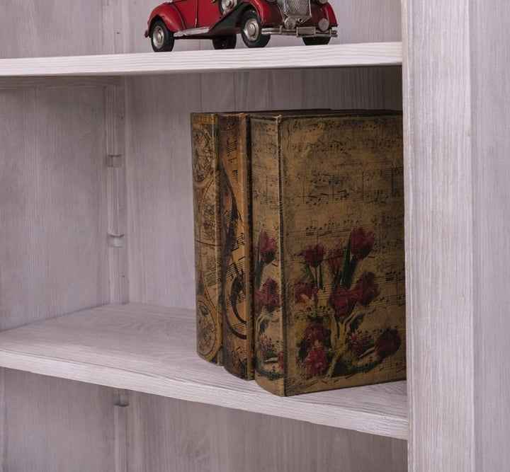 Détail des étagères réglables de la bibliothèque ouverte en pin massif GS119