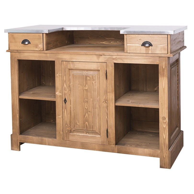 Bar en pin massif GS1001 avec plateau en zinc et finition cirée foncée, rangements ouverts