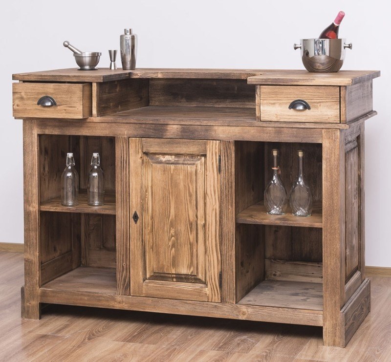 Bar en pin massif GS1001 avec plateau en pin massif et rangements ouverts