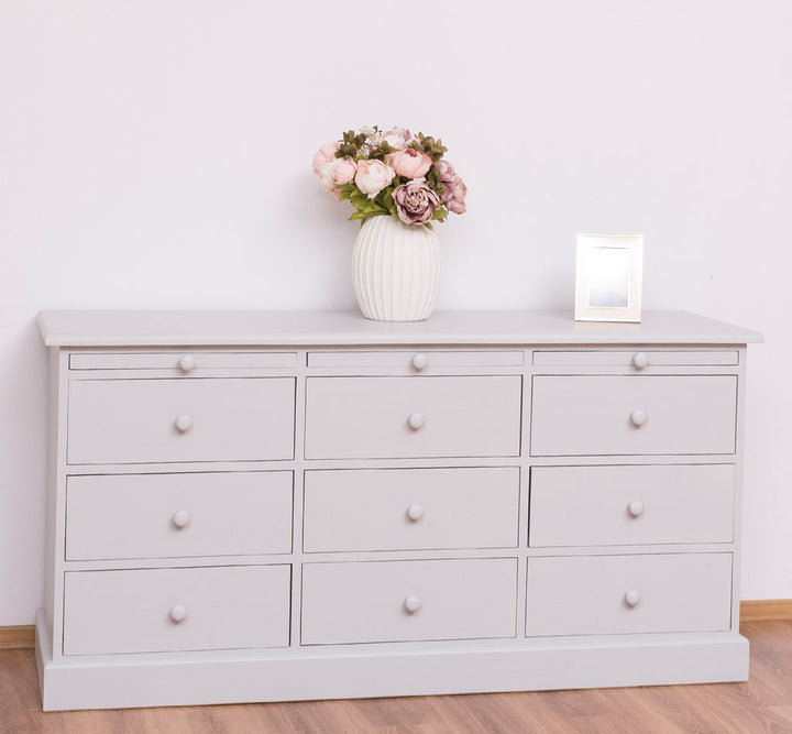 Commode en pin massif avec 9 tiroirs et 3 tablettes coulissantes – 158 cm