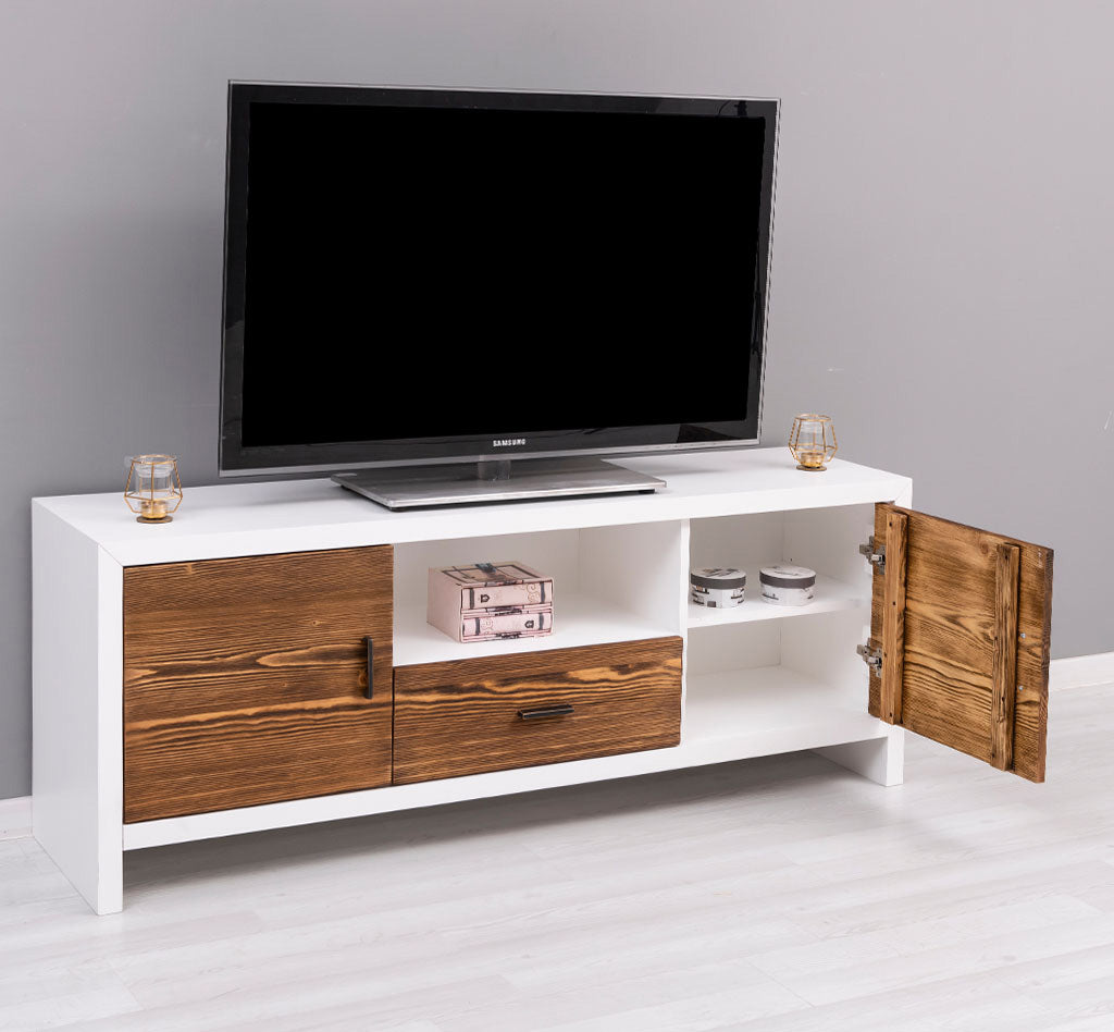 Meuble TV en bois massif avec 2 portes et 1 tiroir – 160 cm