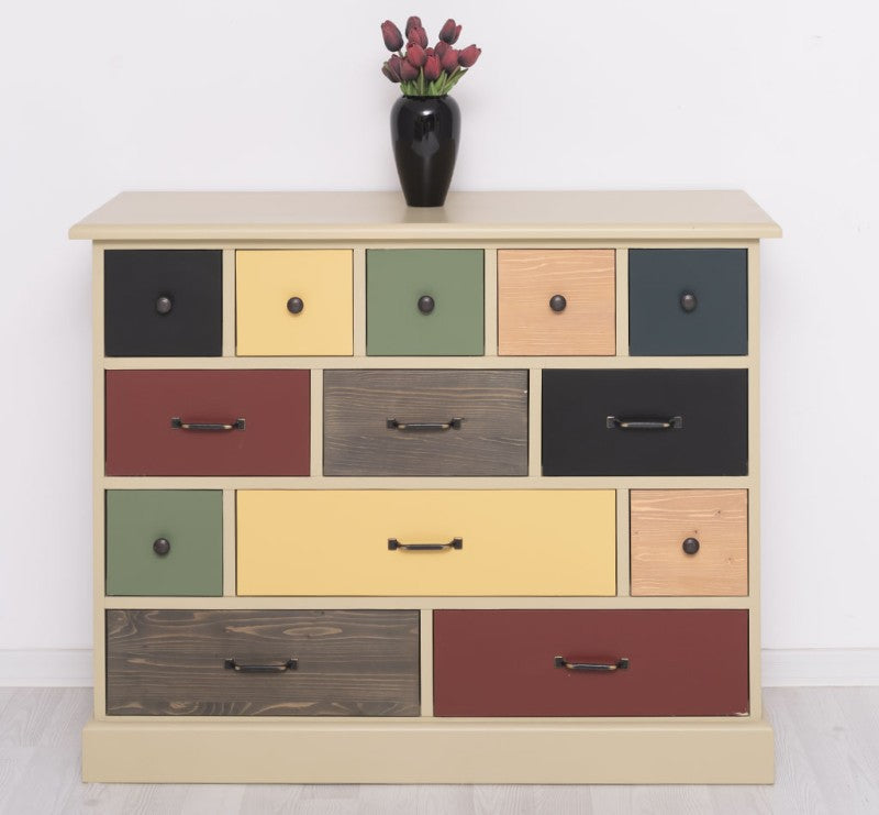 Commode 13 tiroirs GS103 avec plateau en pin massif, vue de face