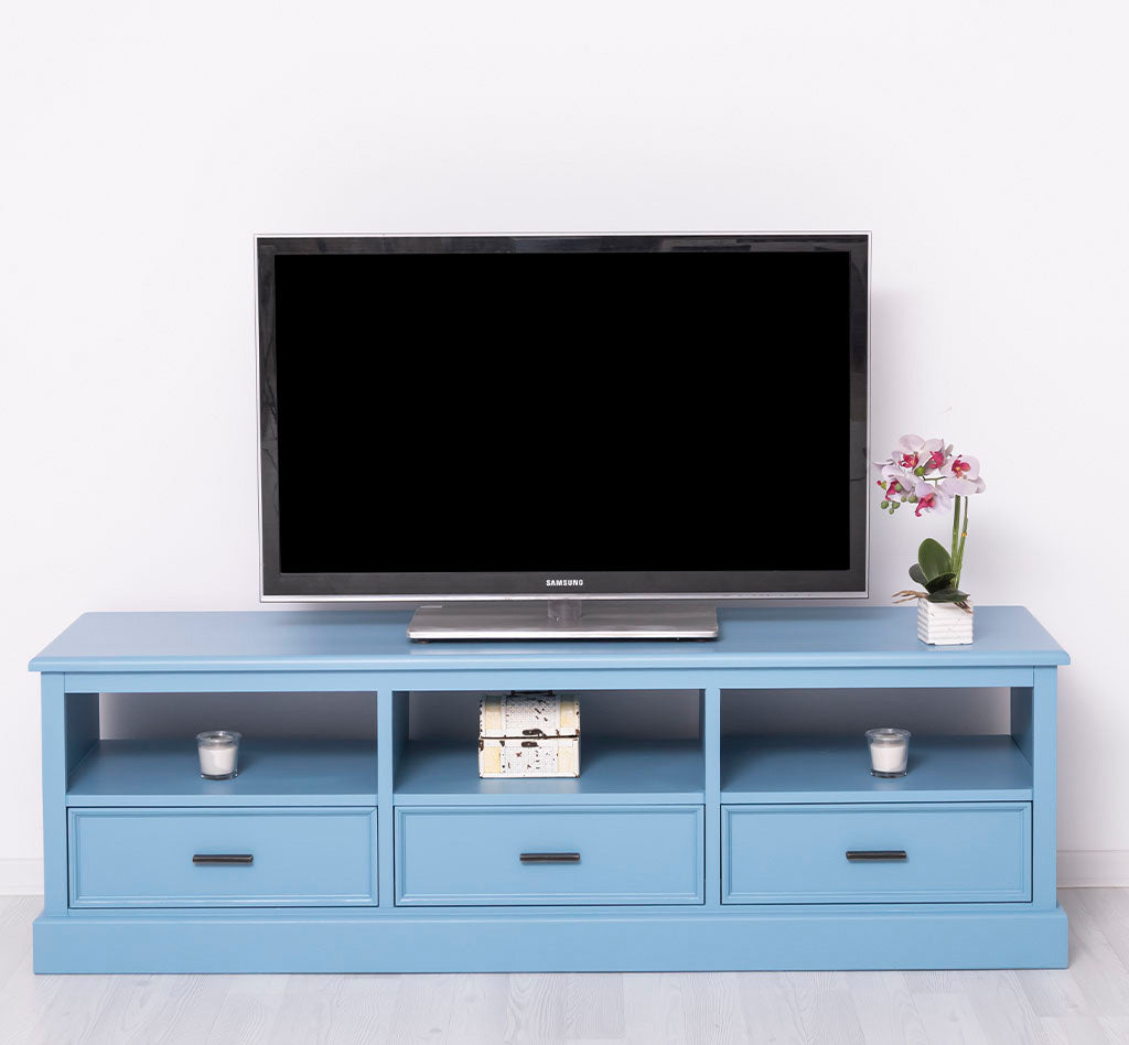 Meuble TV en pin massif finition bleu avec 3 tiroirs et 3 niches ouvertes