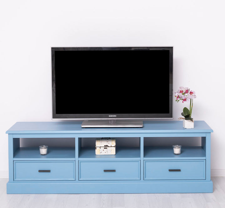 Meuble TV en pin massif finition bleu avec 3 tiroirs et 3 niches ouvertes