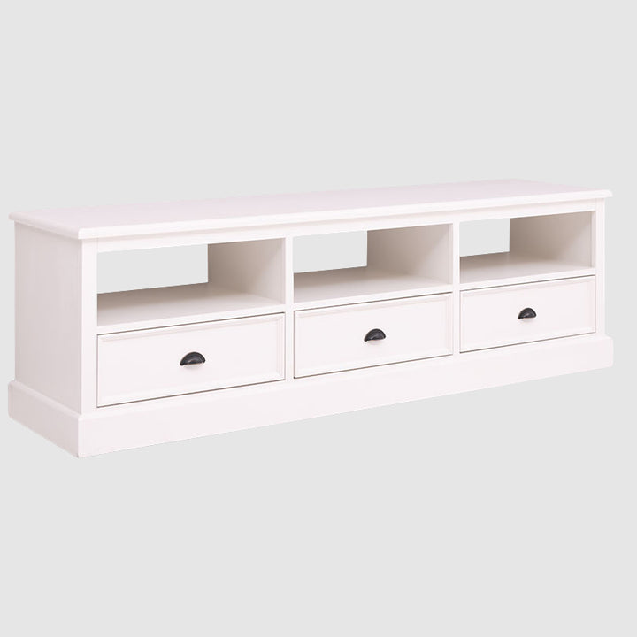 Meuble TV en pin massif blanc avec 3 tiroirs et 3 niches ouvertes