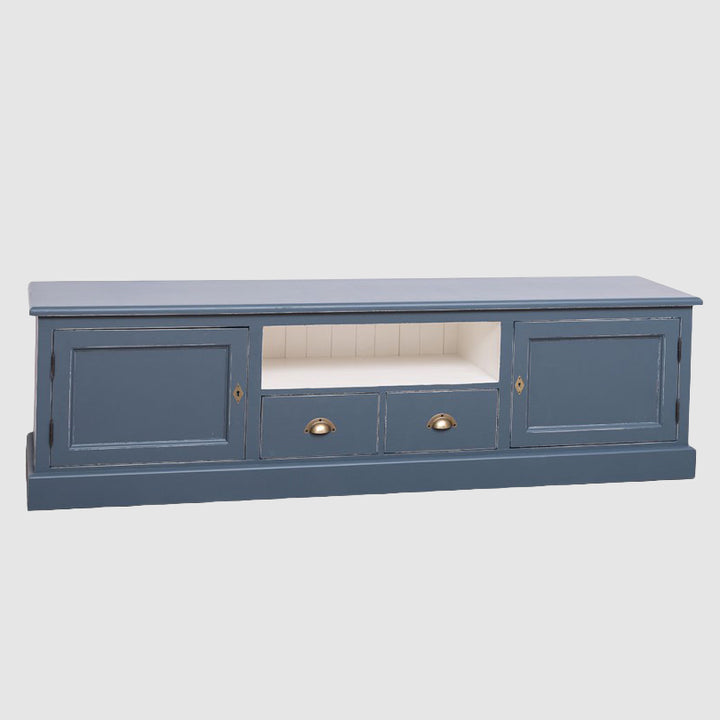 Meuble TV bas en bois massif bleu avec 2 portes latérales et 2 tiroirs centraux