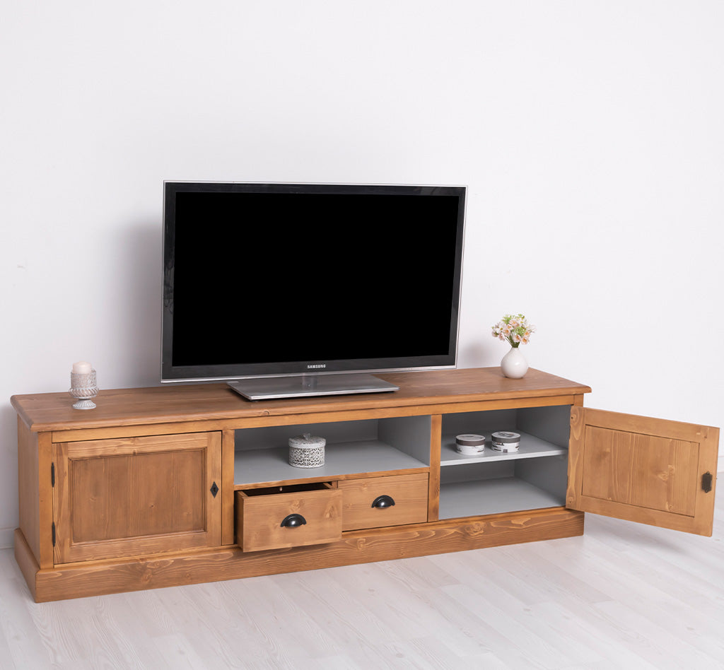 Meuble TV en bois finition naturelle avec portes et tiroir ouverts montrant le rangement