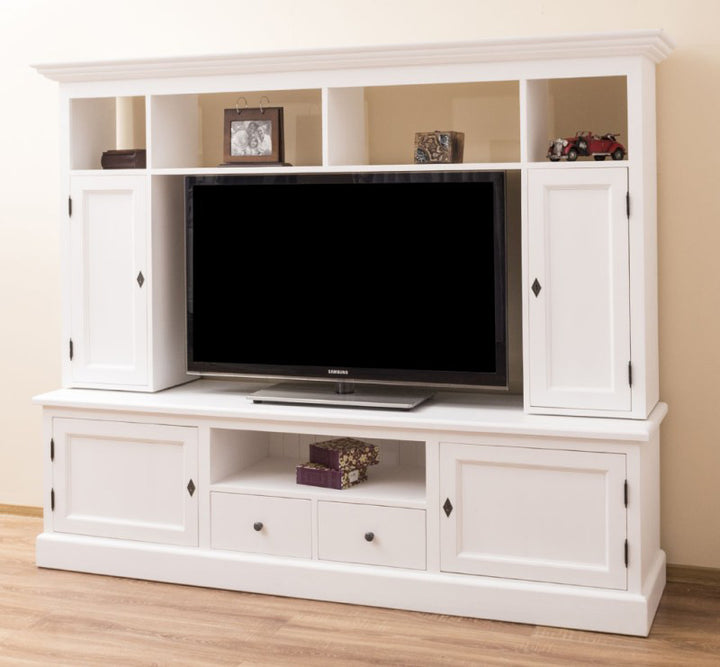 Ensemble meuble TV GS107BAS/SUP en pin massif avec module supérieur, présenté dans un salon avec télévision.