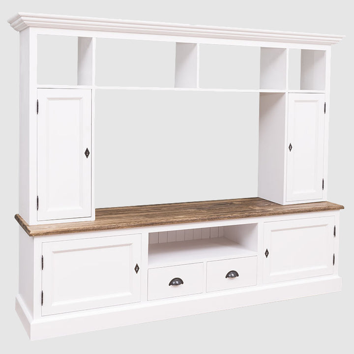 Ensemble meuble TV complet en bois massif blanc avec plateau en bois naturel