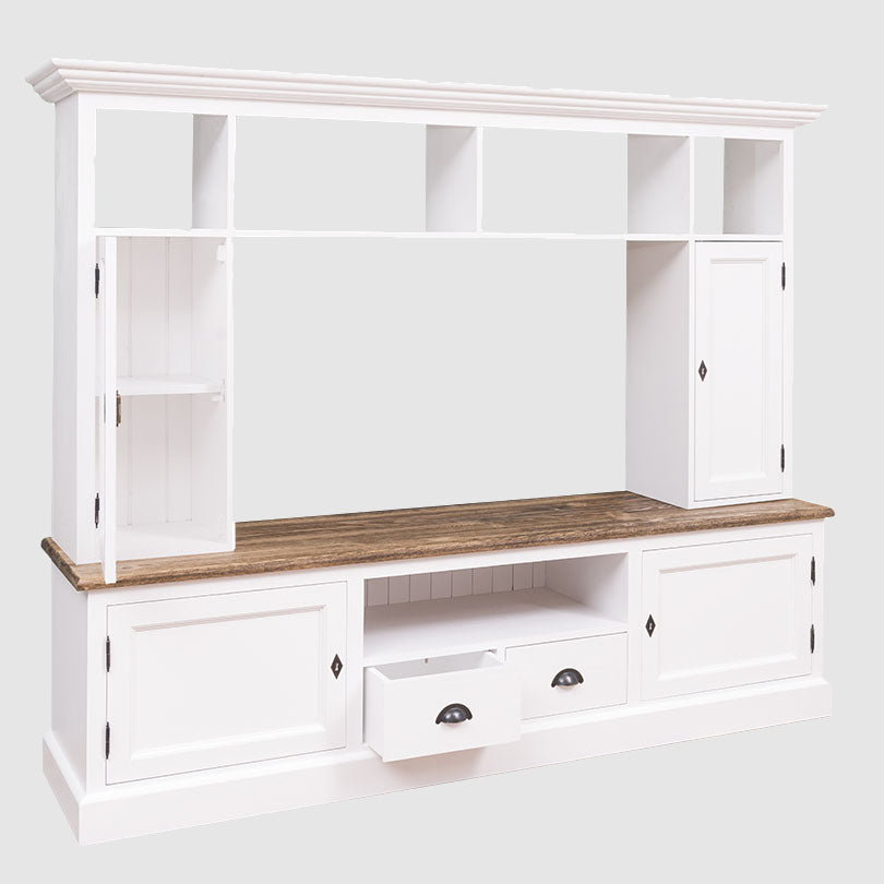 Vue de l'ensemble meuble TV avec une porte et un tiroir ouverts montrant les rangements intérieurs