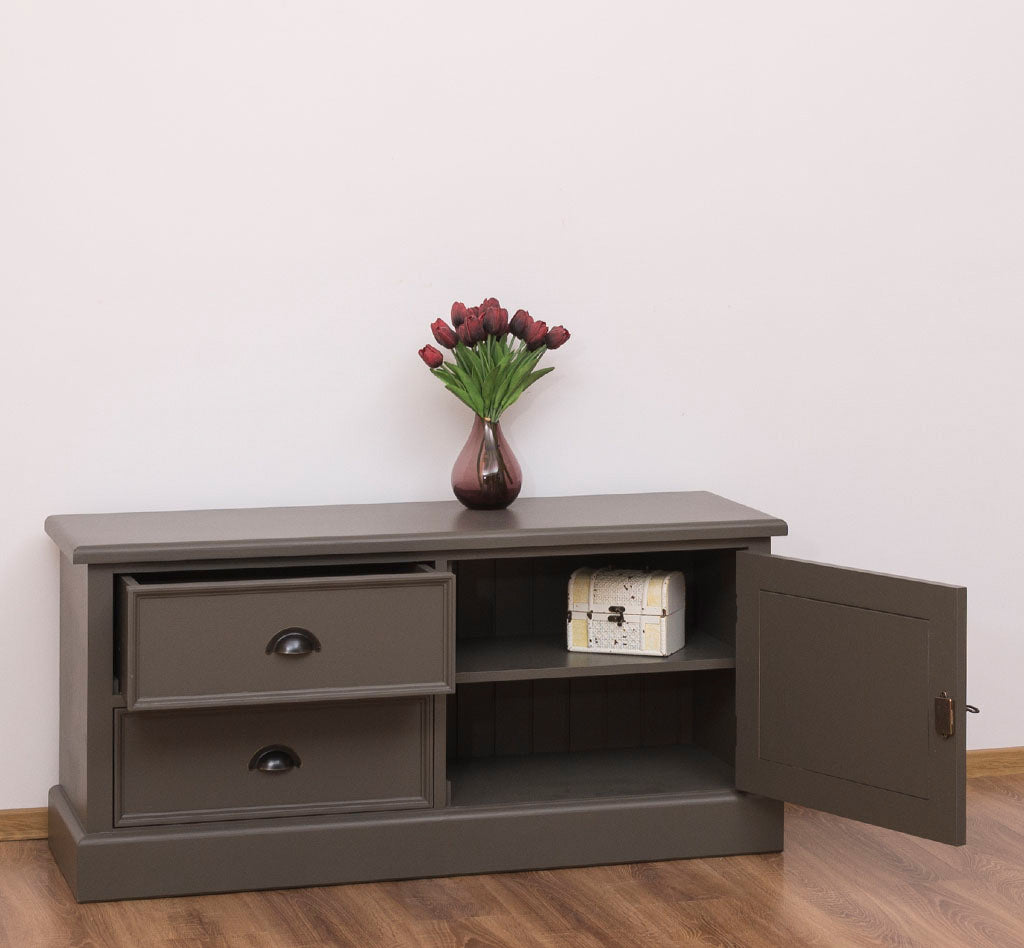 Meuble TV en pin massif avec 2 tiroirs, 1 porte et niche ouverte finition gris foncé