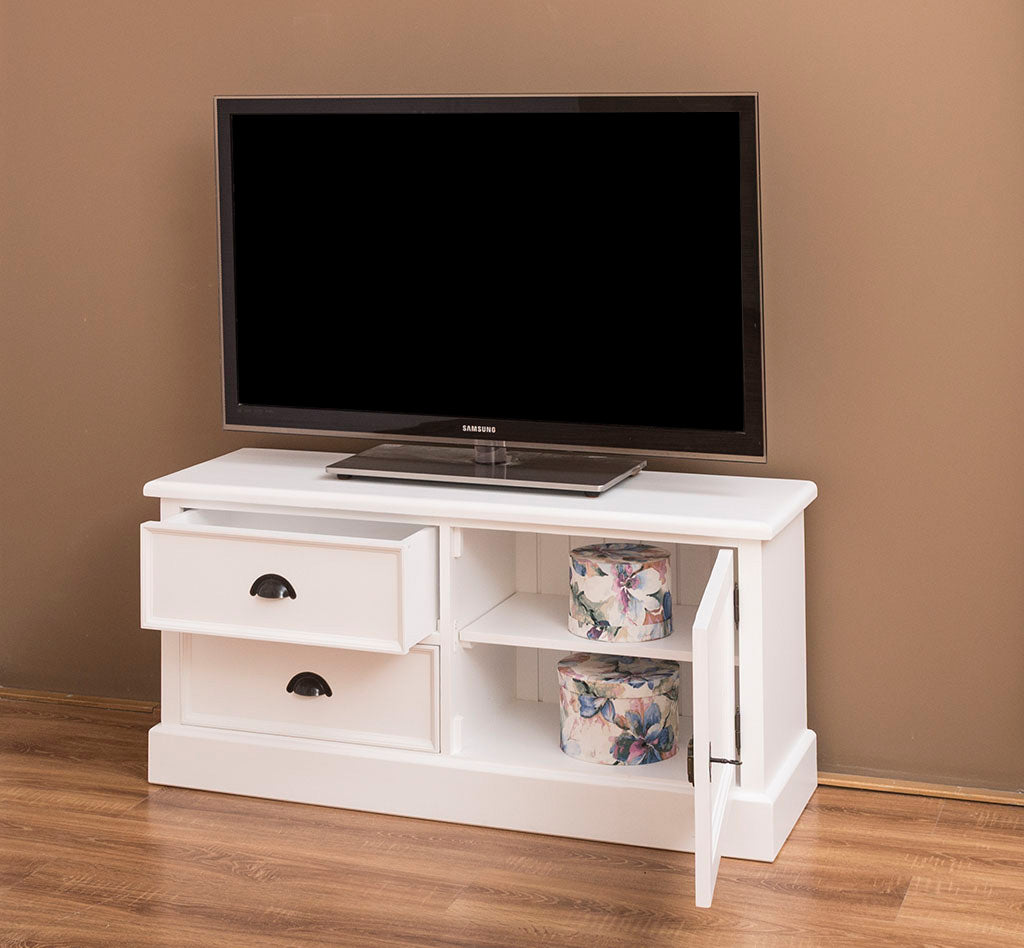 Meuble TV en pin massif version blanche avec 2 tiroirs et 1 porte ouverte