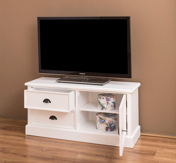 Meuble TV en pin massif version blanche avec 2 tiroirs et 1 porte ouverte