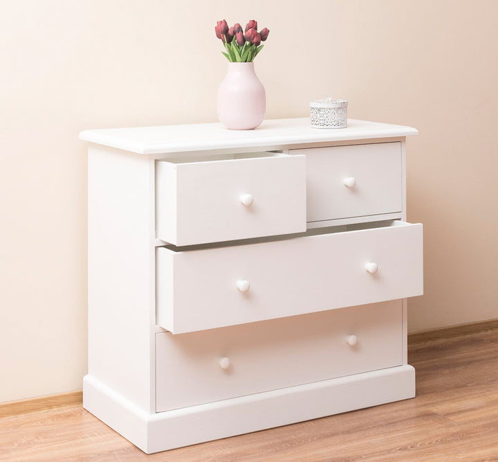 Commode en pin massif Blanc Chaud avec 4 tiroirs, largeur 100 cm.