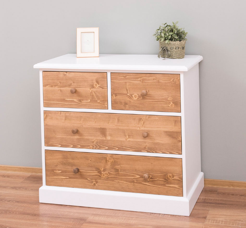 Commode en pin massif Blanc Pur avec 4 tiroirs, largeur 100 cm.