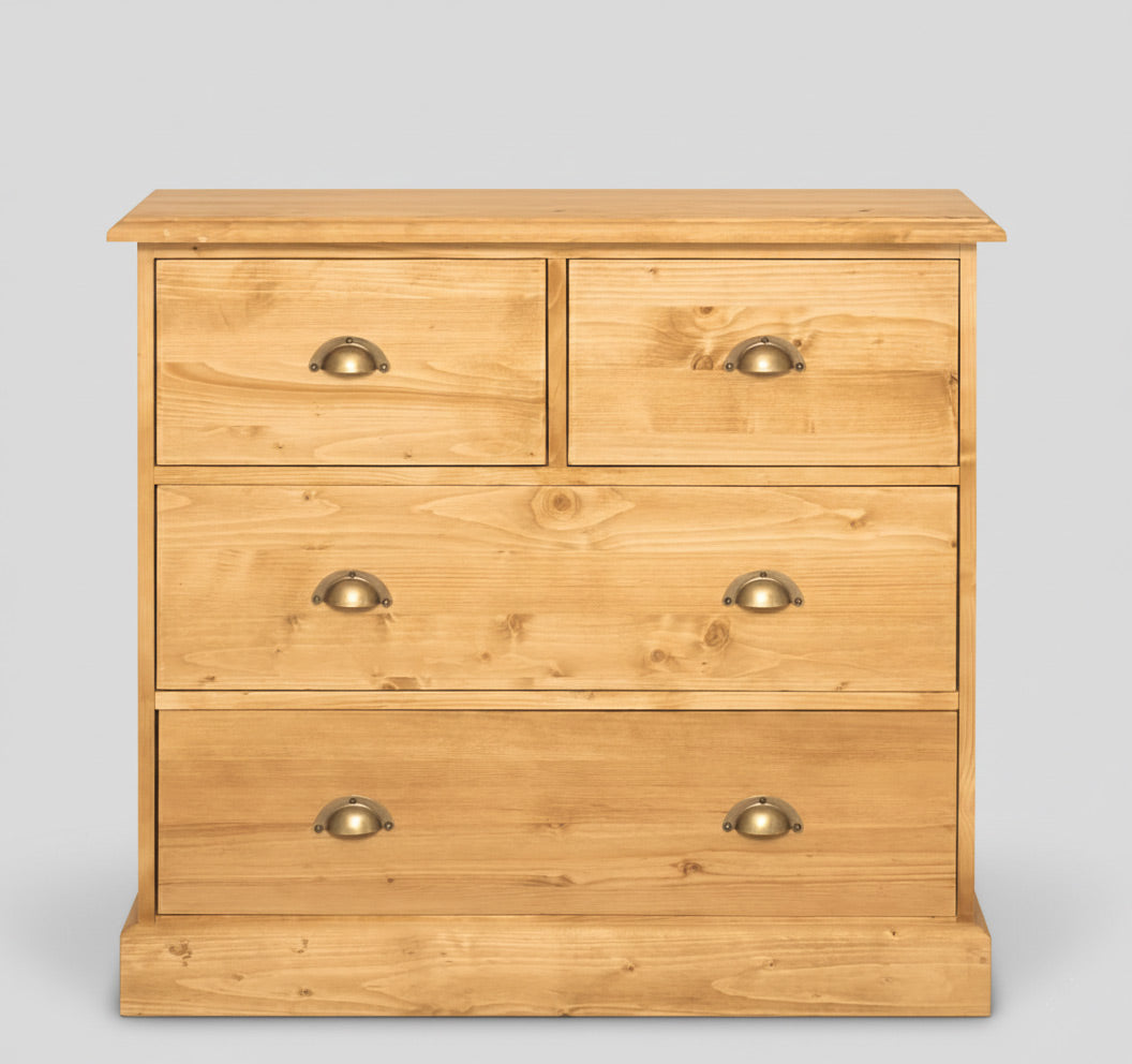 Commode en pin massif Ciré naturel avec 4 tiroirs, largeur 100 cm.