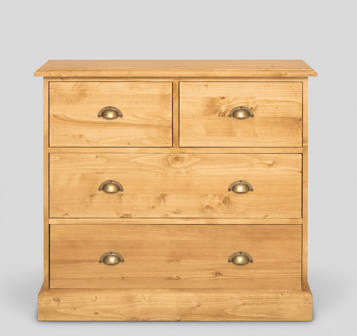 Commode en pin massif Ciré naturel avec 4 tiroirs, largeur 100 cm.