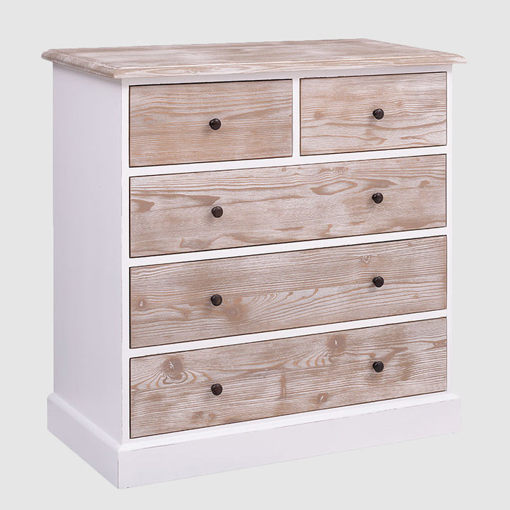 Commode 158 cm en pin massif 5 tiroirs finition blanc et bois